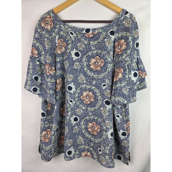 Loft Outlet Top Women's Size XL Blue Floral Bow Short Ruffle Sleeve Blouse Shirt - Picture 1 of 14
